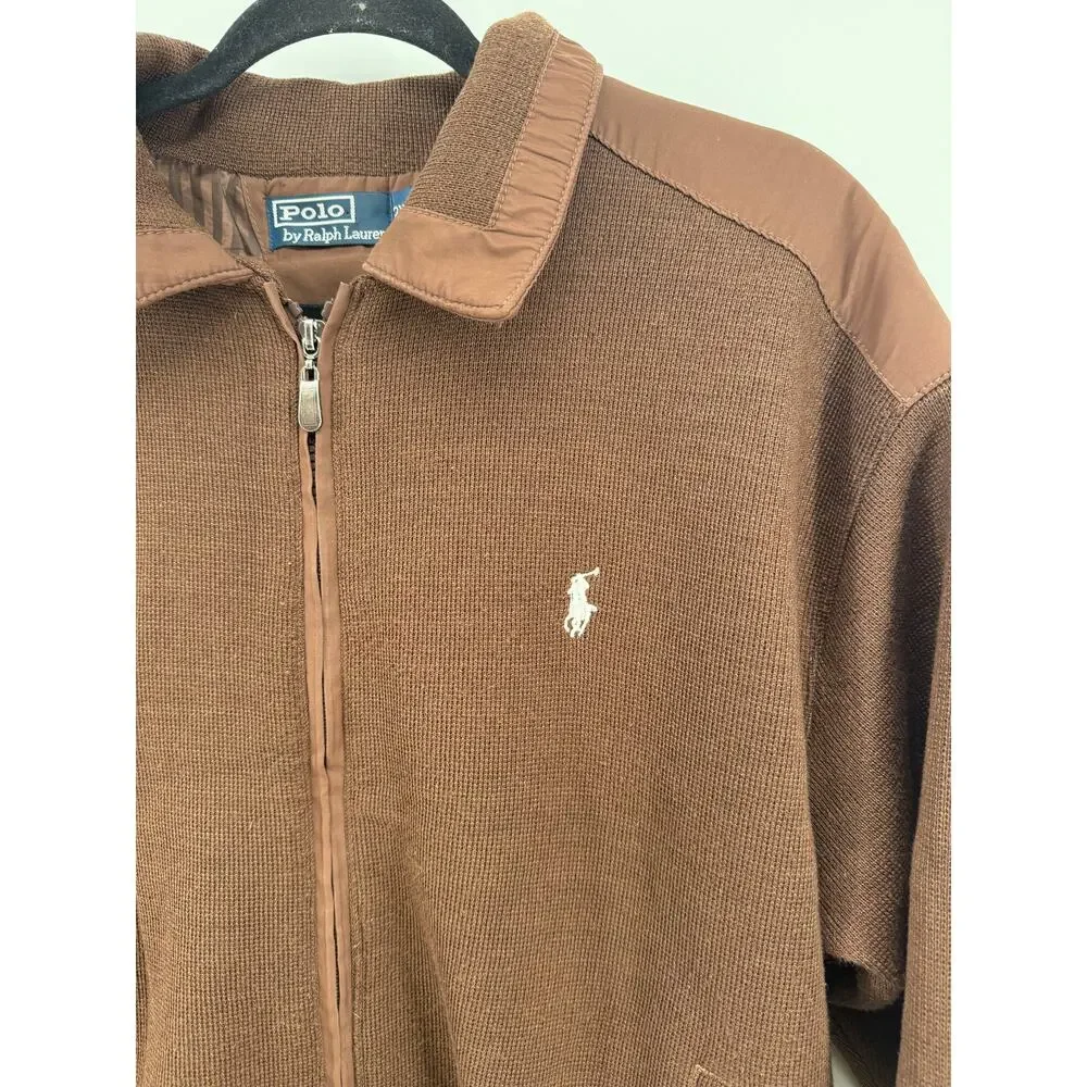 Vintage 90's Polo Ralph Lauren Mens Brown Knit Jacket Heritage Elbow Patch 2XL